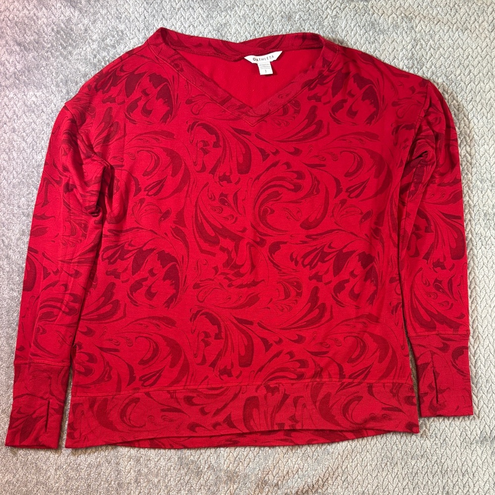 Women’s Athleta Red Coaster Luxe V-Neck Sweater Agate Red Paisley Size Small